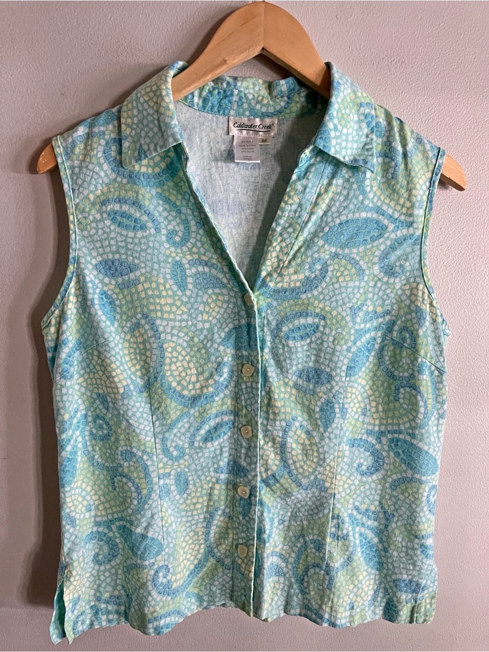 Coldwater Creek Linen Blend Paisley Sleeveless Button Top Coastal M